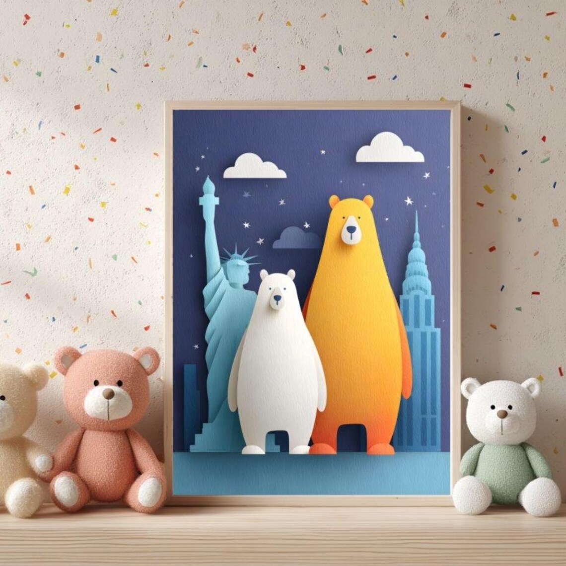 Bears In Nyc Skyline Kids Art Print Minimalist Nursery Decor 1262