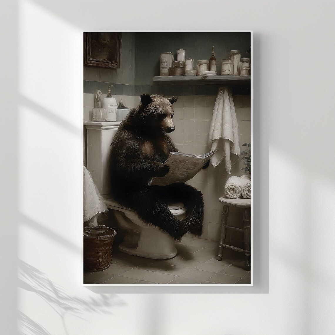 Funny Black Bear Reading Newspaper On Toilet Bathroom Humor Animal Poster