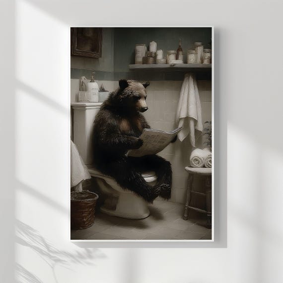 Vintage Bear Bathroom Painting Funny Animal Wall Art 141