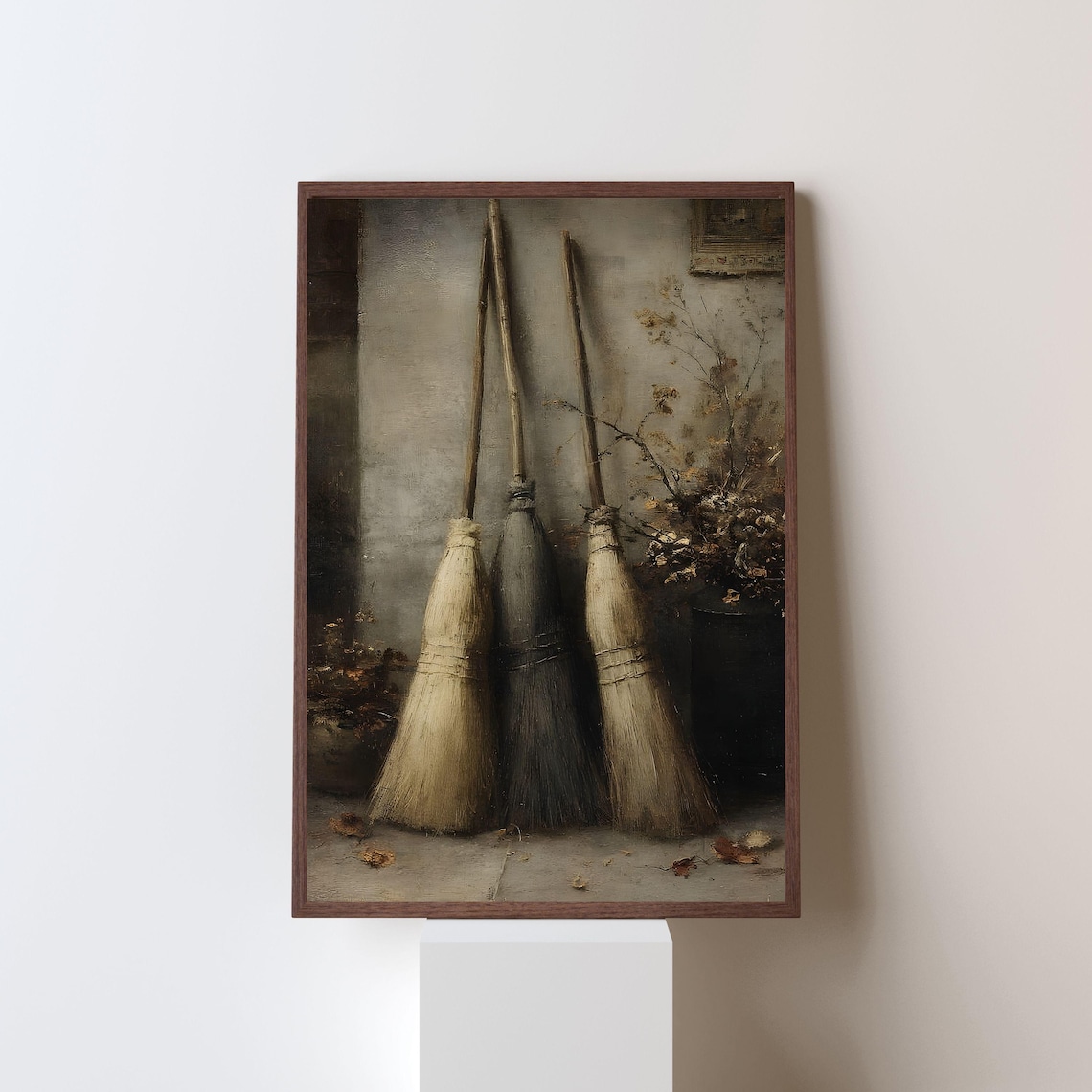 Rustic Witch Brooms Vintage Oil Painting Dark Moody Farmhouse Poster