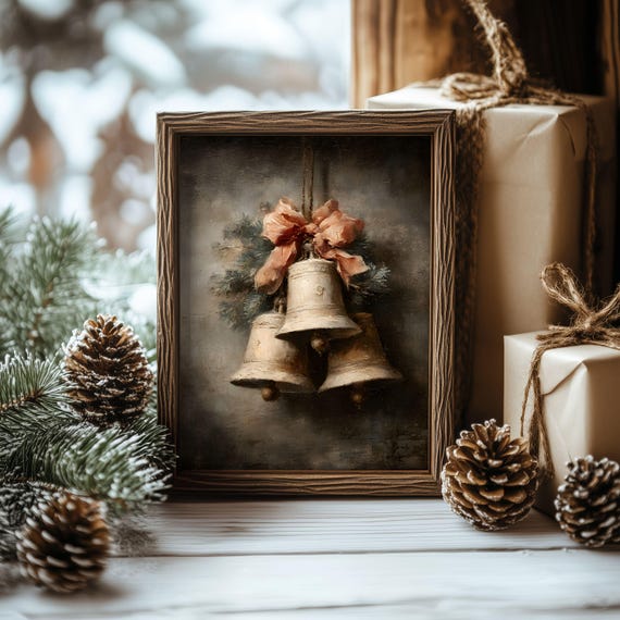 Vintage Christmas Bells Brass Bow Pinecones Rustic Oil Painting Poster