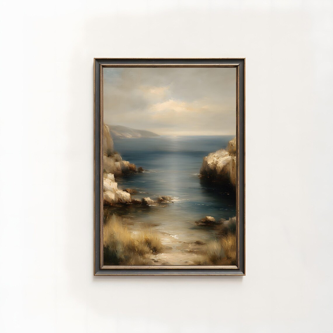 Rocky Cliff Cove Calm Blue Water Neutral Vintage Oil Seascape Poster