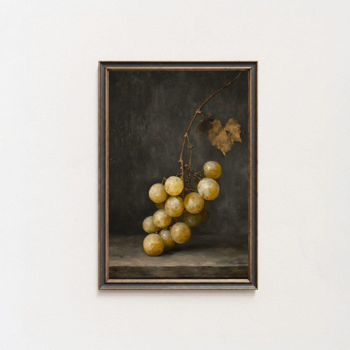 White Grapes Hanging Vine Still Life Oil Painting Moody Kitchen Poster