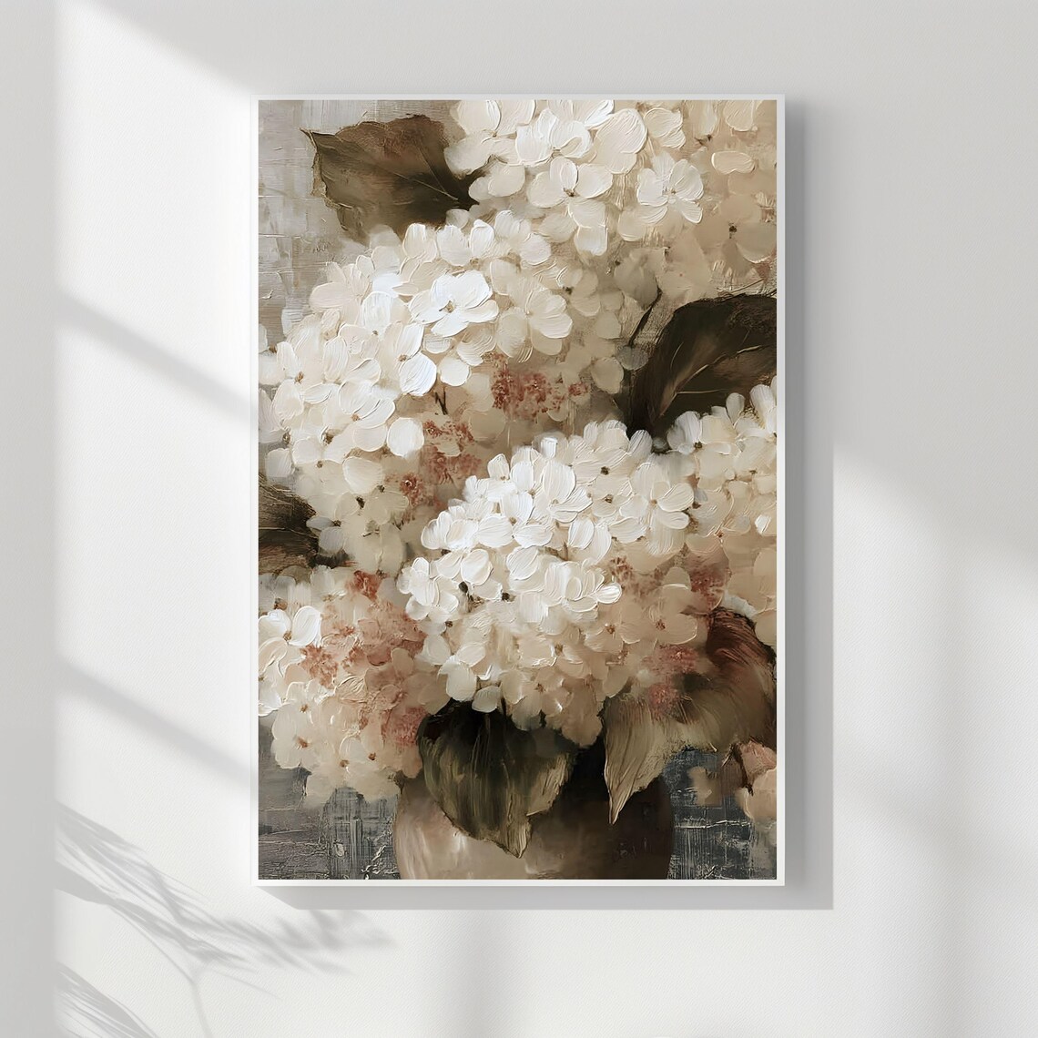 White Hydrangea Flowers In Vase Painting, Art Print