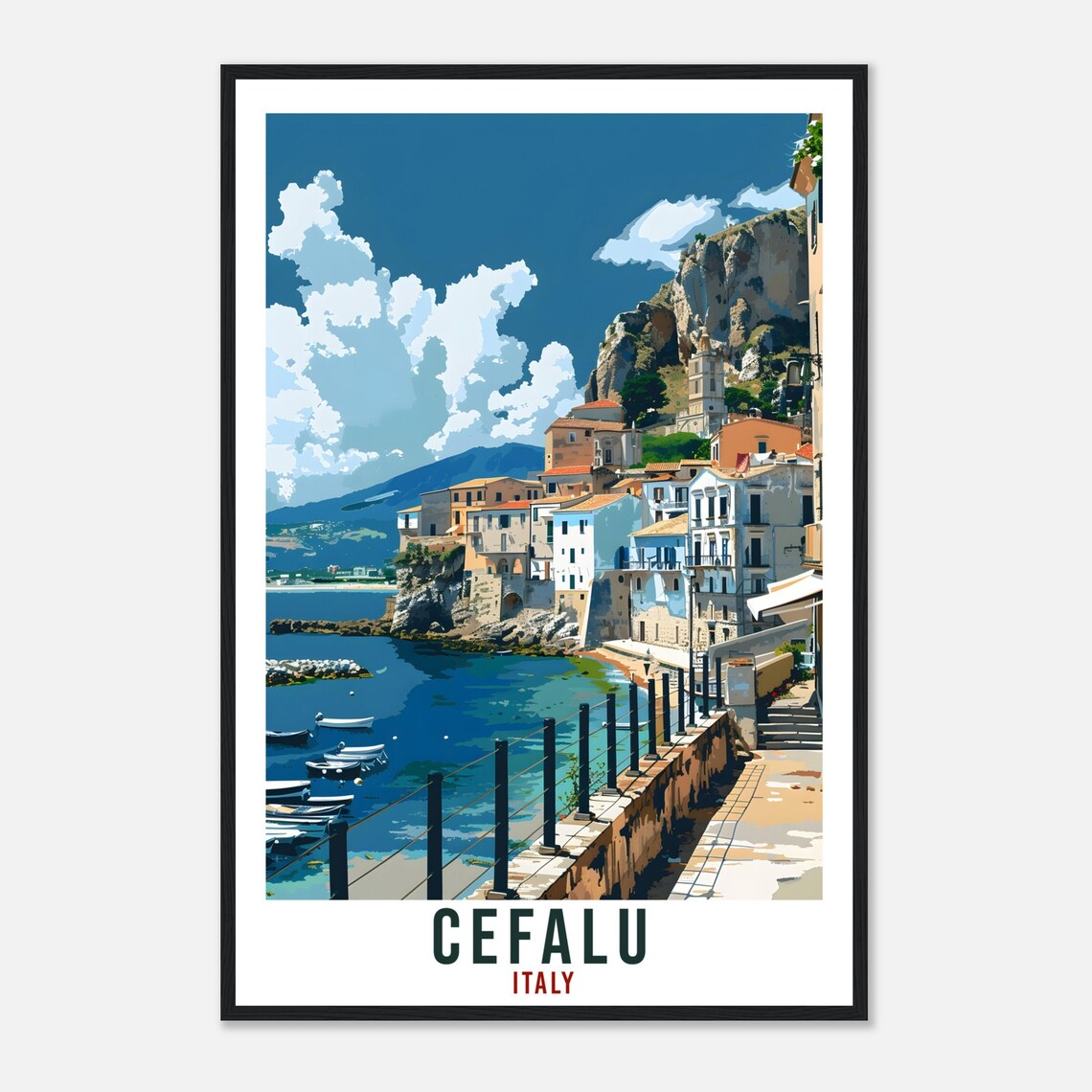 Cefalu Italy Coastal Cliff Town Illustrated Vintage Travel Poster - Image 4