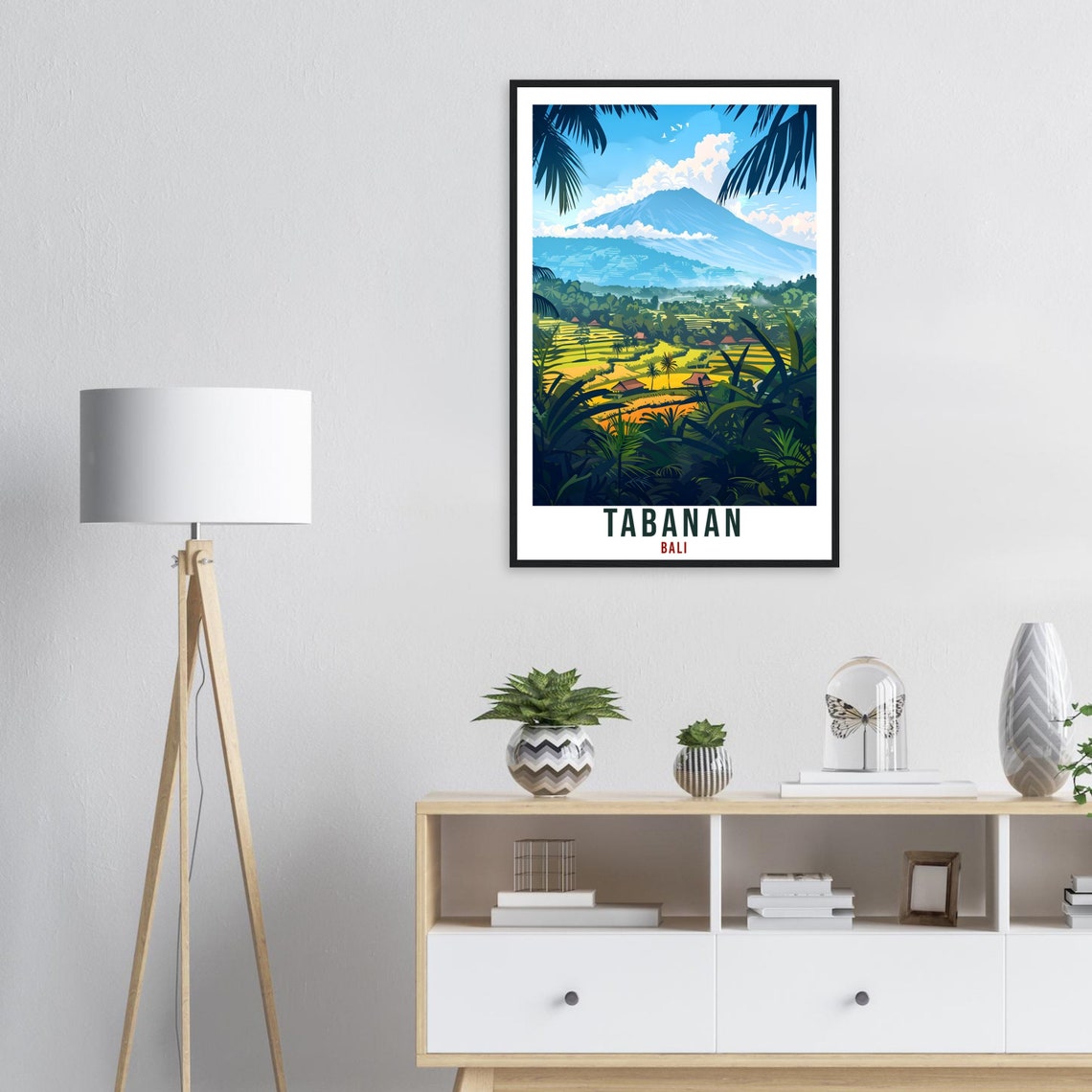 Tabanan Bali Daytime Rice Terraces Volcano Illustrated Art Poster - Image 3