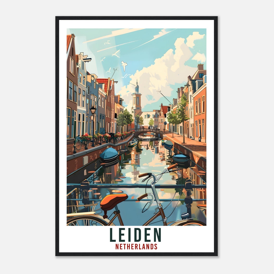 Leiden Netherlands Canal Bicycle Bridge Vintage Travel Poster - Image 4