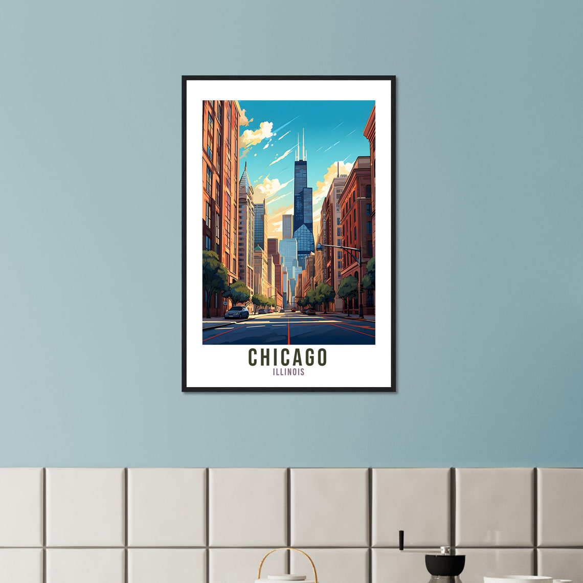 Chicago Illinois Willis Tower Street Scene Vintage Style Poster - Image 3