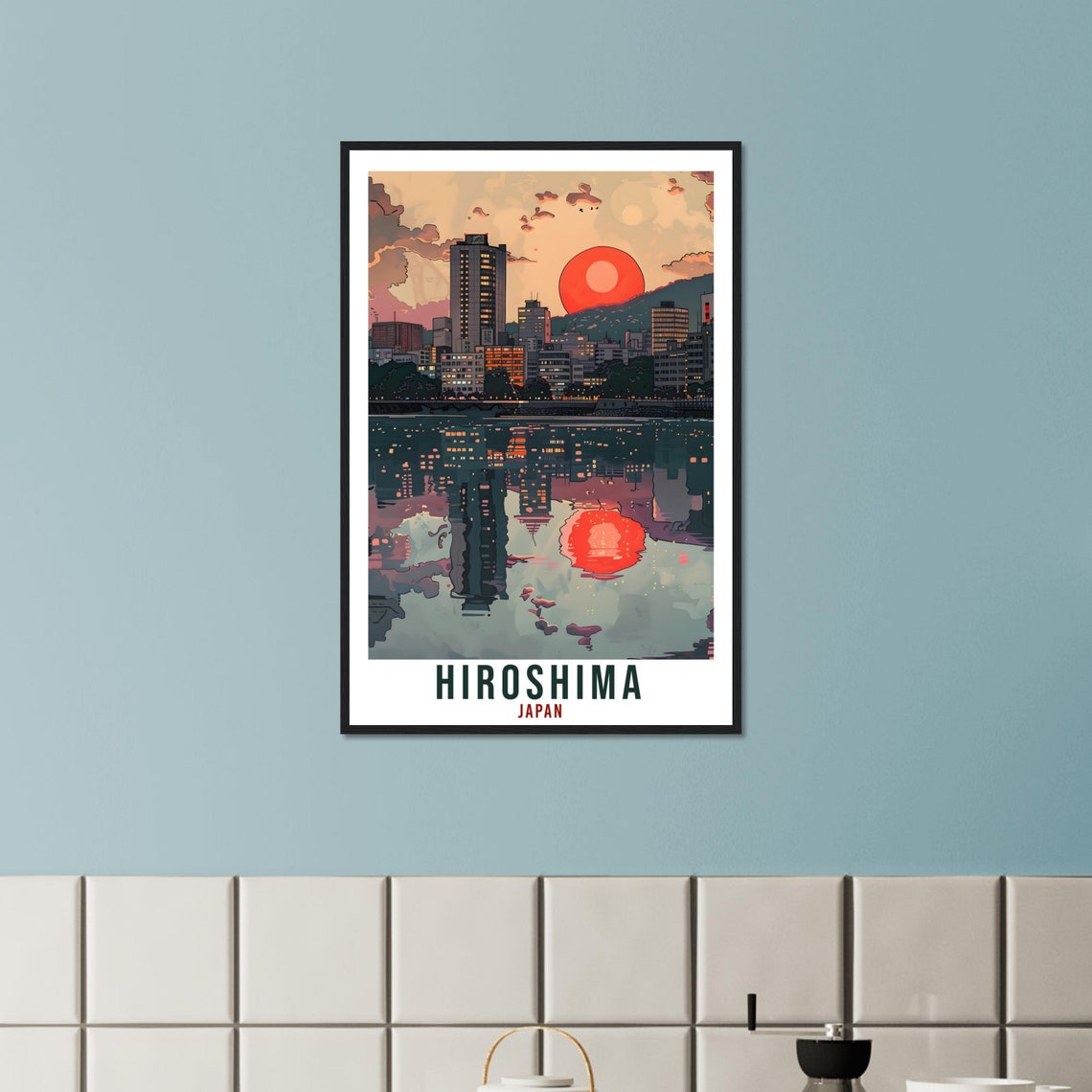 Hiroshima Japan City Skyline Red Sun Water Reflection Travel Poster - Image 2