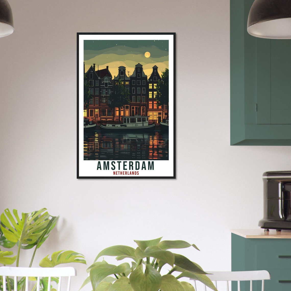 Amsterdam Netherlands Canal Houses at Dusk Moonlit Water Travel Poster - Image 3