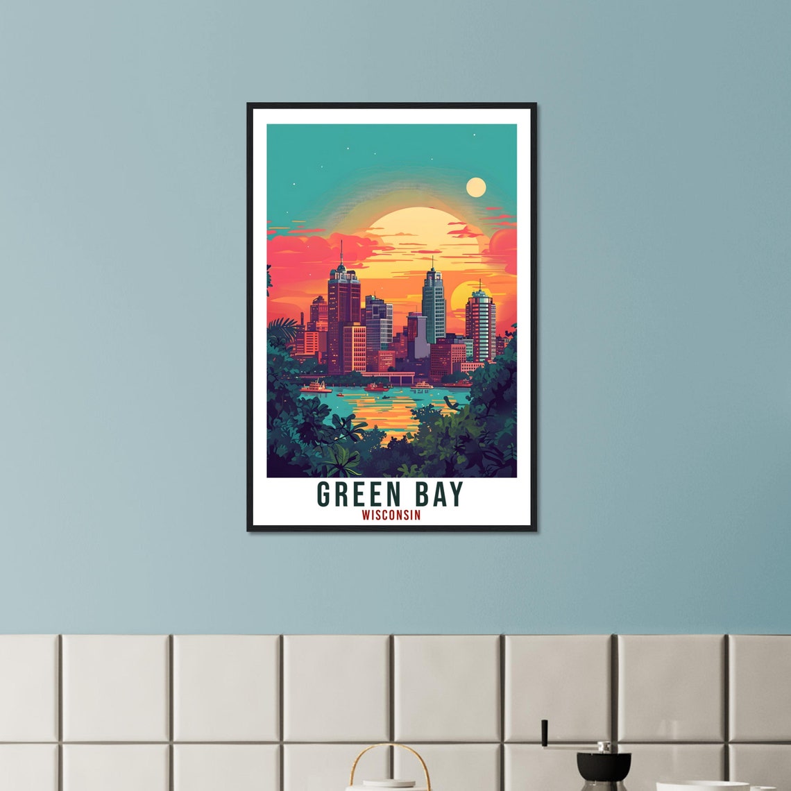 Green Bay Wisconsin Skyline Sunset Vintage Style Travel Poster - Image 2