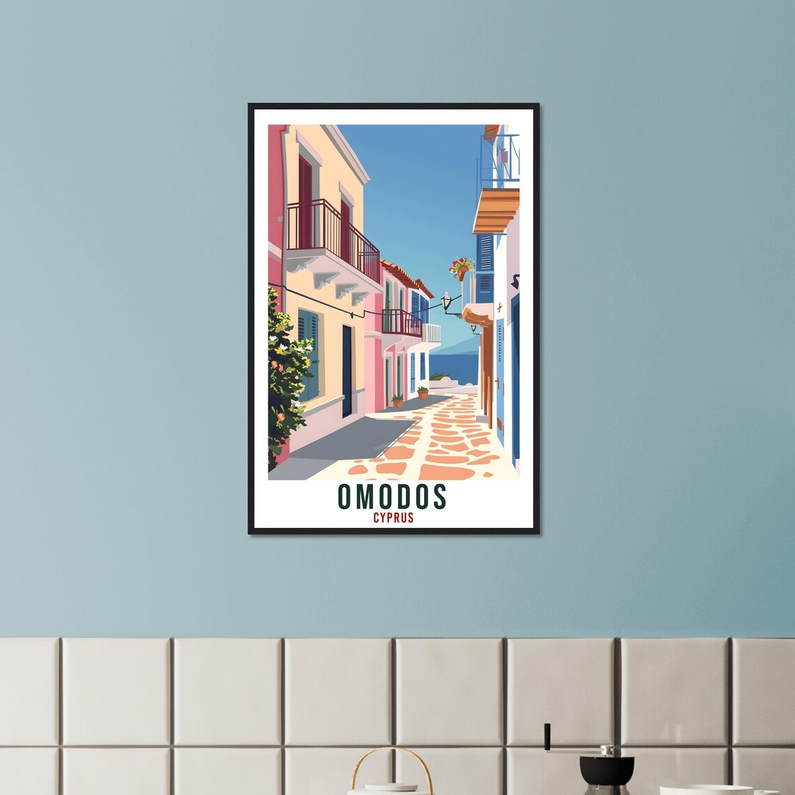Omodos Cyprus Village Lane Pastel Houses Bougainvillea Travel Poster - Image 2