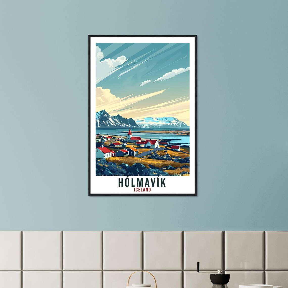 Holmavik Iceland Church Village Vintage Travel Fjord Art Poster - Image 3