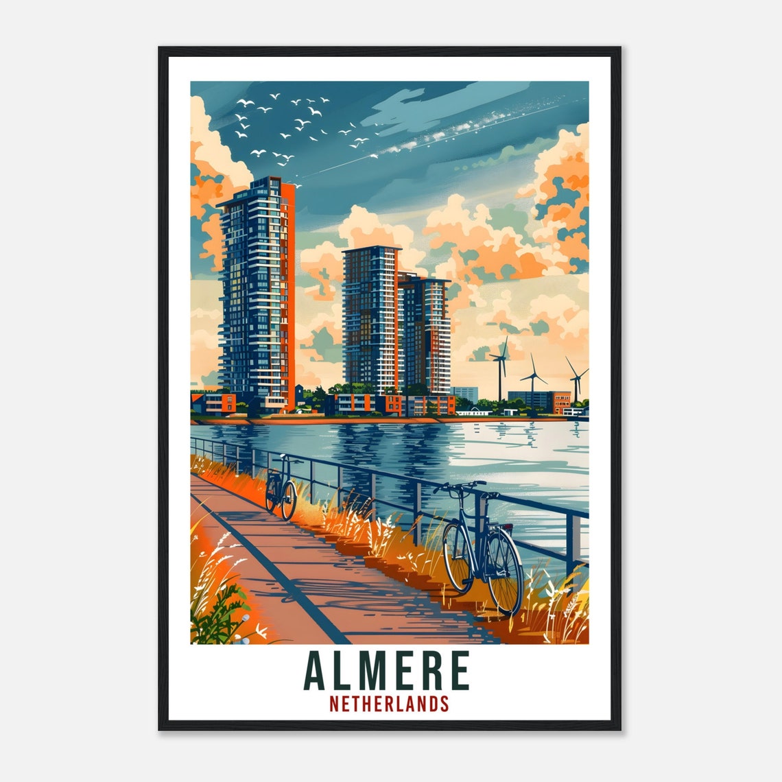 Almere Netherlands Modern Towers Lakeside Bike Path Travel Poster - Image 4