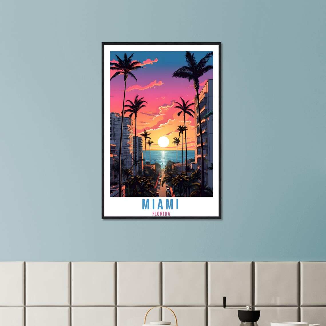 Miami Florida Palm Street Sunset Ocean Condos Pink Sky Travel Poster - Image 3