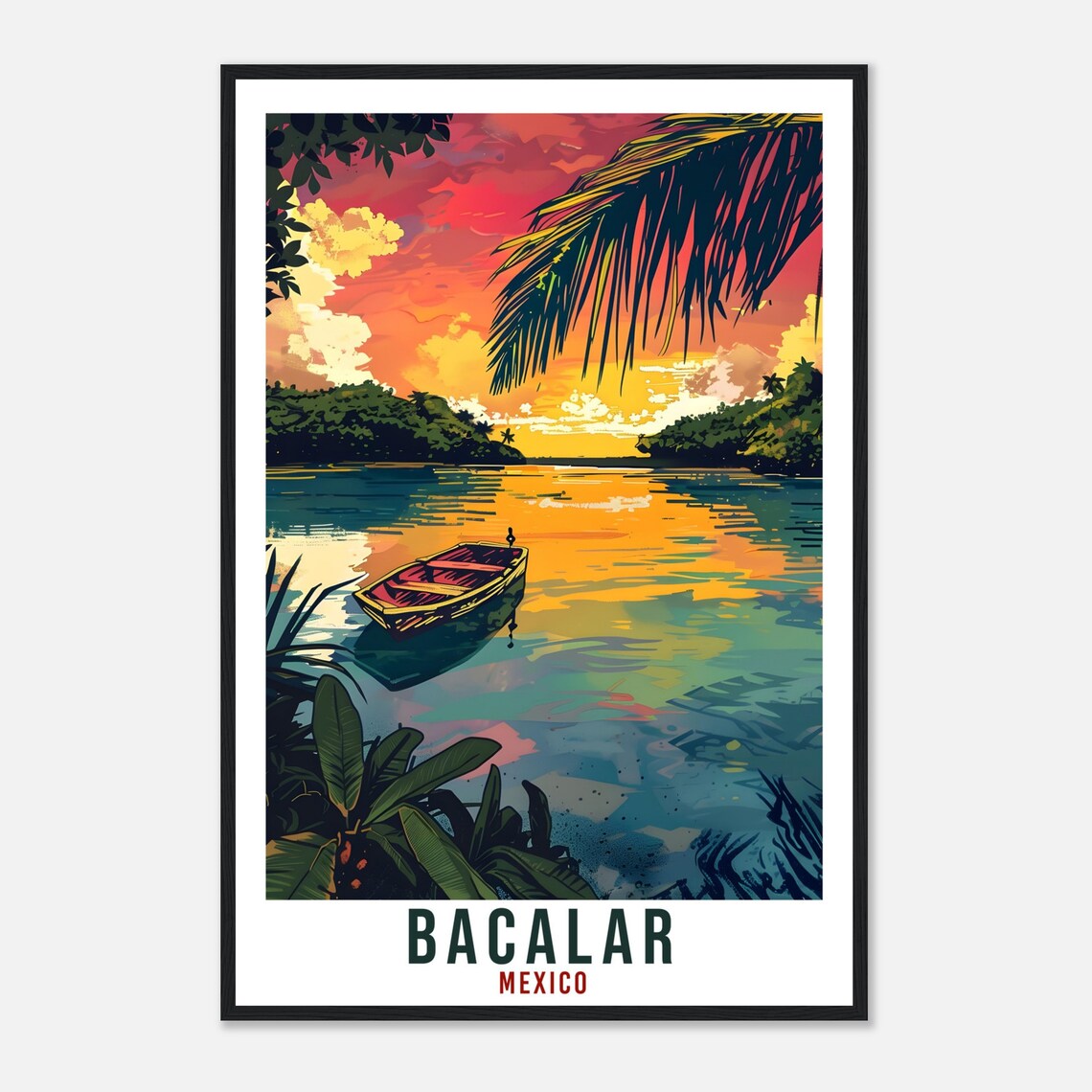 Bacalar Mexico Lagoon of Seven Colors Sunset Boat Travel Poster - Image 4