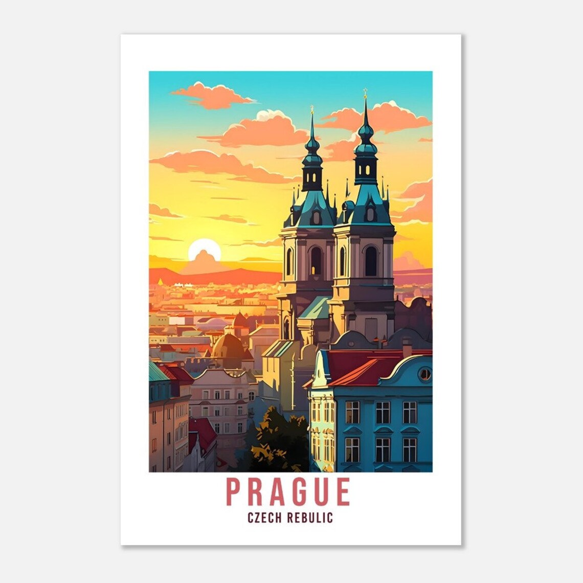 Prague Czech Sunset Old Town Twin Church Spires Vintage Poster