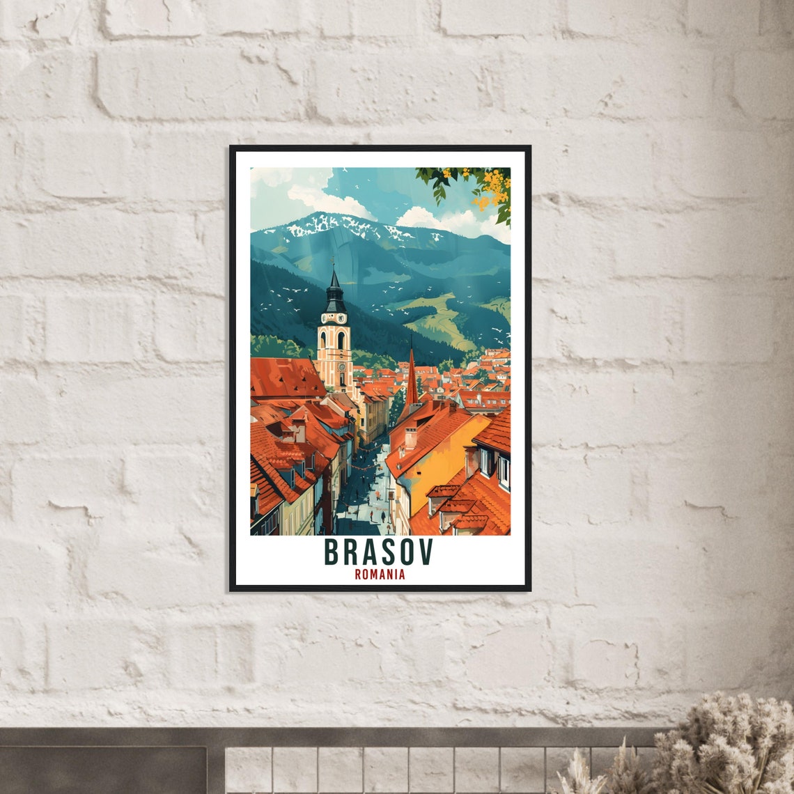 Brasov Romania Old Town Red Rooftops Snowy Mountain Travel Poster - Image 3