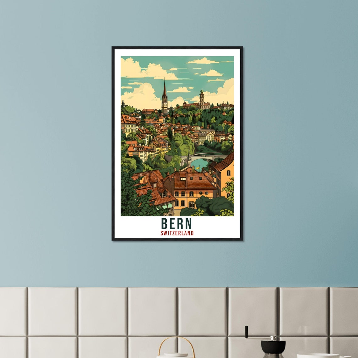 Bern Switzerland Old Town Spire Rooftops Green Hills Travel Poster - Image 3
