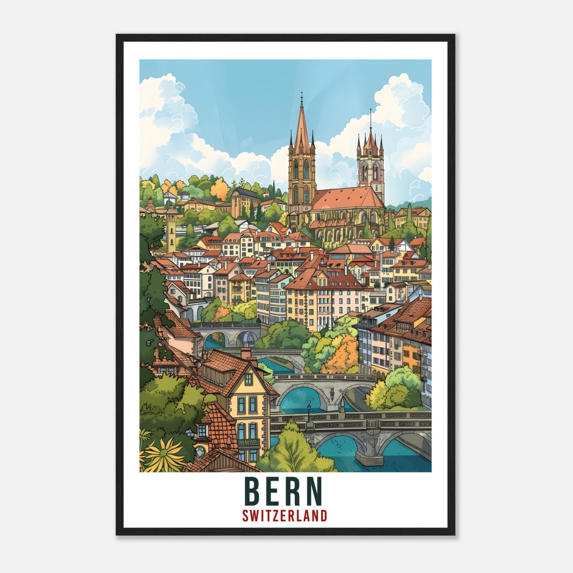 Bern Switzerland Old Town Bridges Cathedral River Travel Poster - Image 4