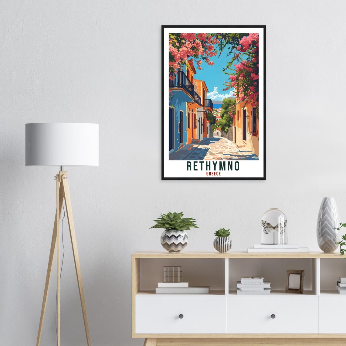 Rethymno Greece Bougainvillea Retro Old Town Lane Travel Poster - Image 2