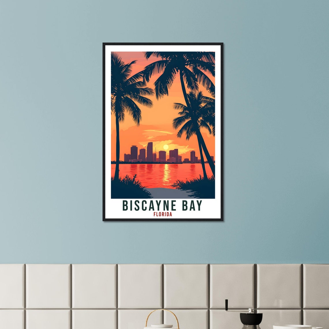 Biscayne Bay Florida Miami Sunset Palm Skyline Beach Art Poster - Image 4