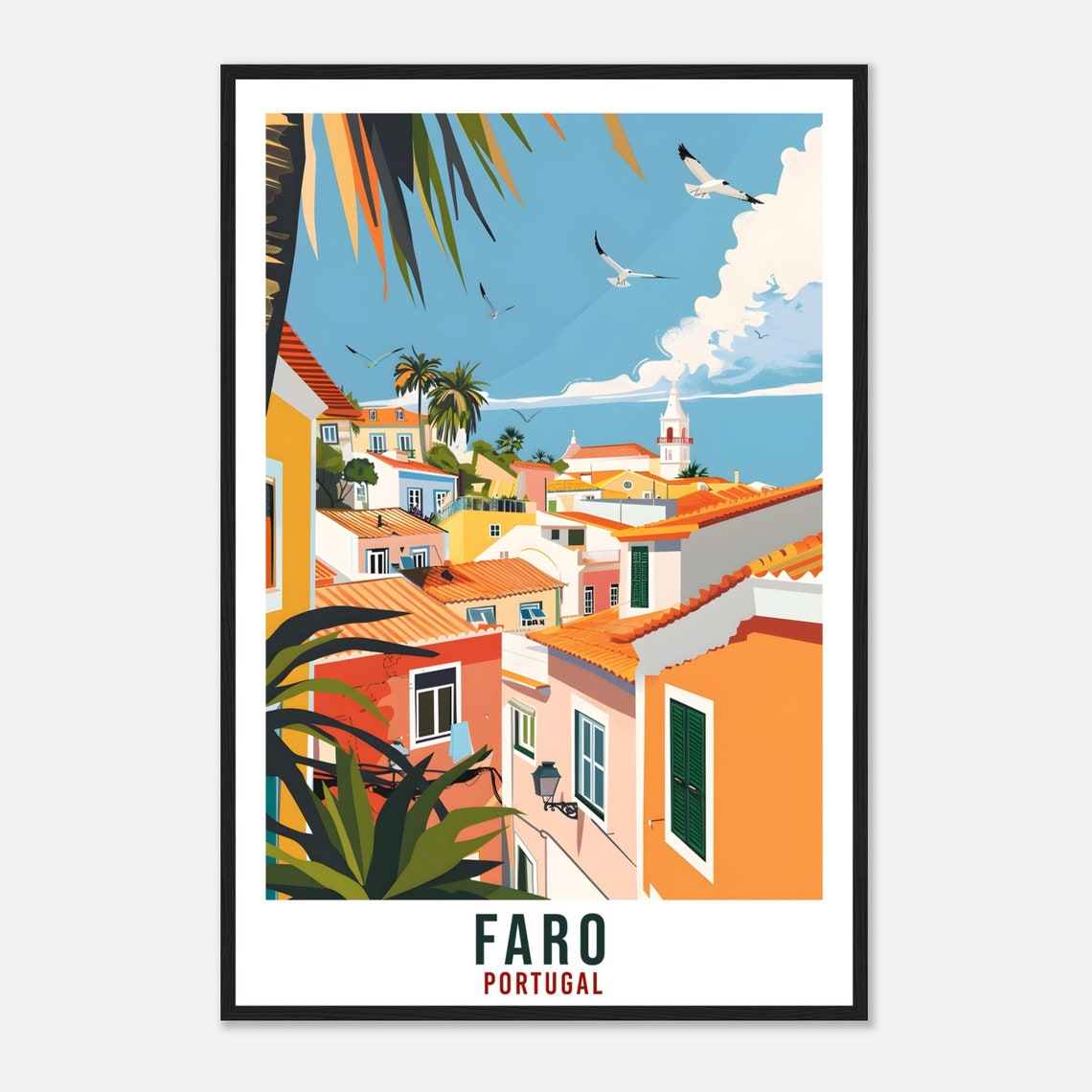 Faro Portugal Colorful Old Town Rooftops Seagulls Travel Poster - Image 4