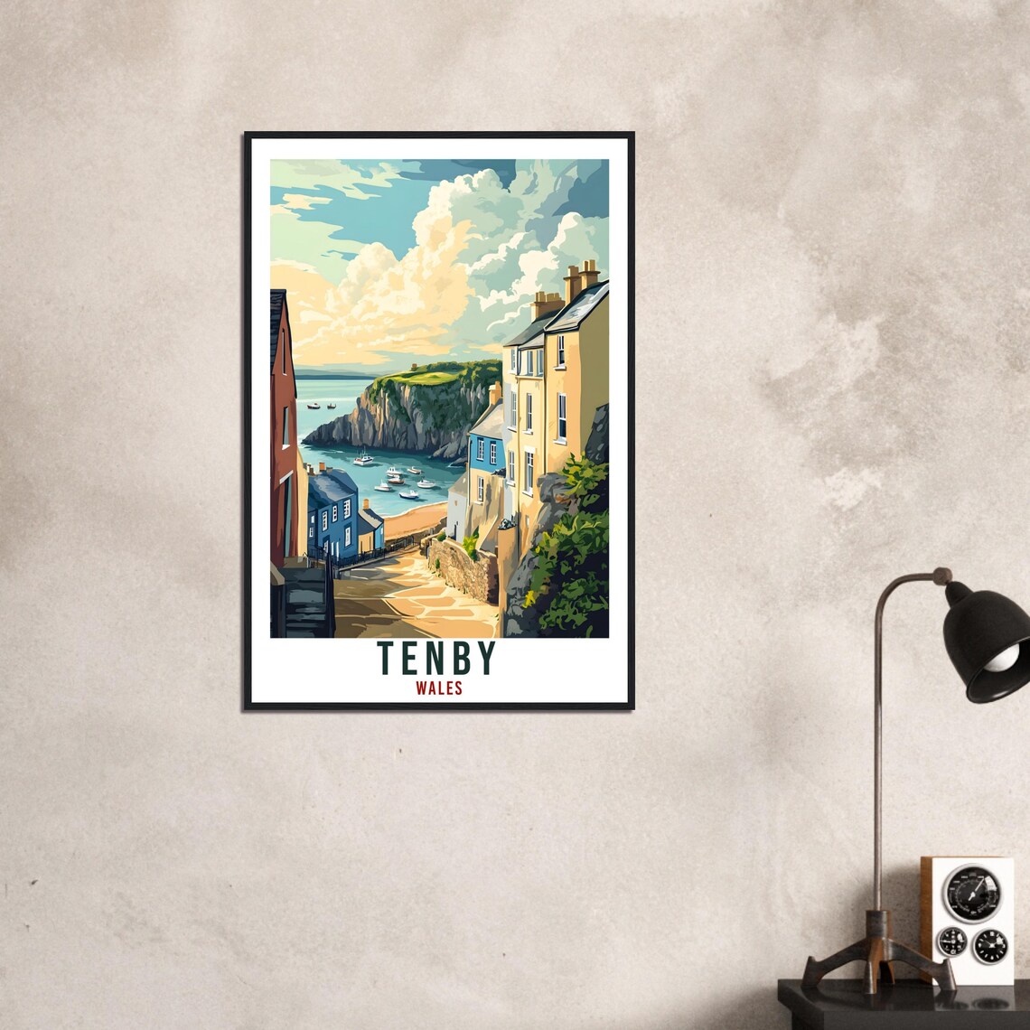 Tenby Wales Travel Poster Harbor Town Street Colorful Houses Artwork - Image 3
