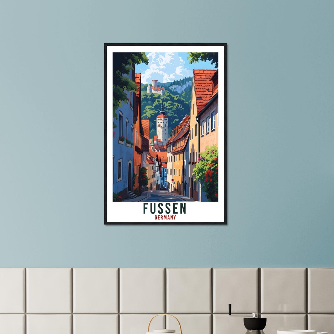Fussen Germany Old Town Travel Poster Castle Hill Street Scene - Image 3