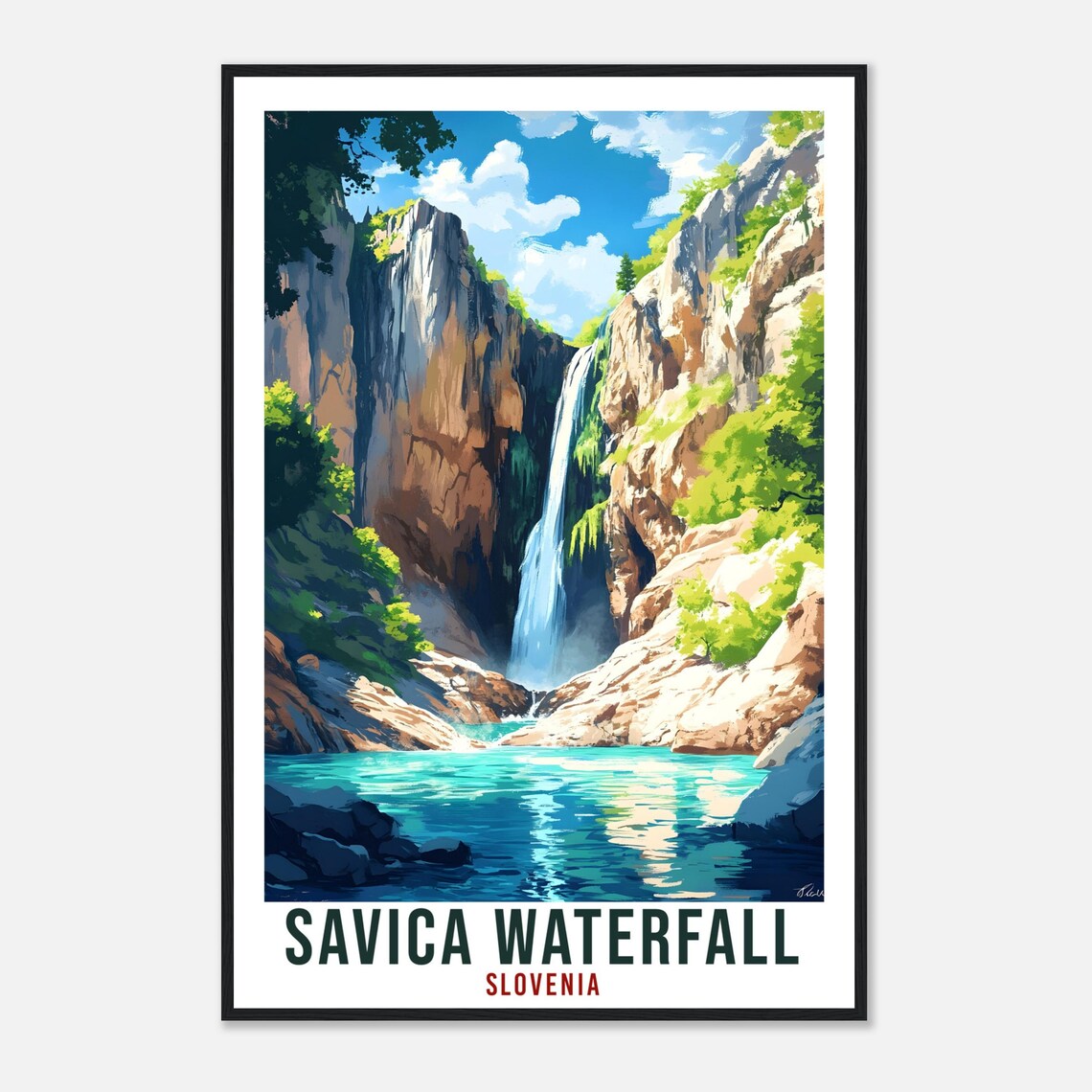 Savica Waterfall Slovenia Vintage Travel Illustration Poster - Image 4