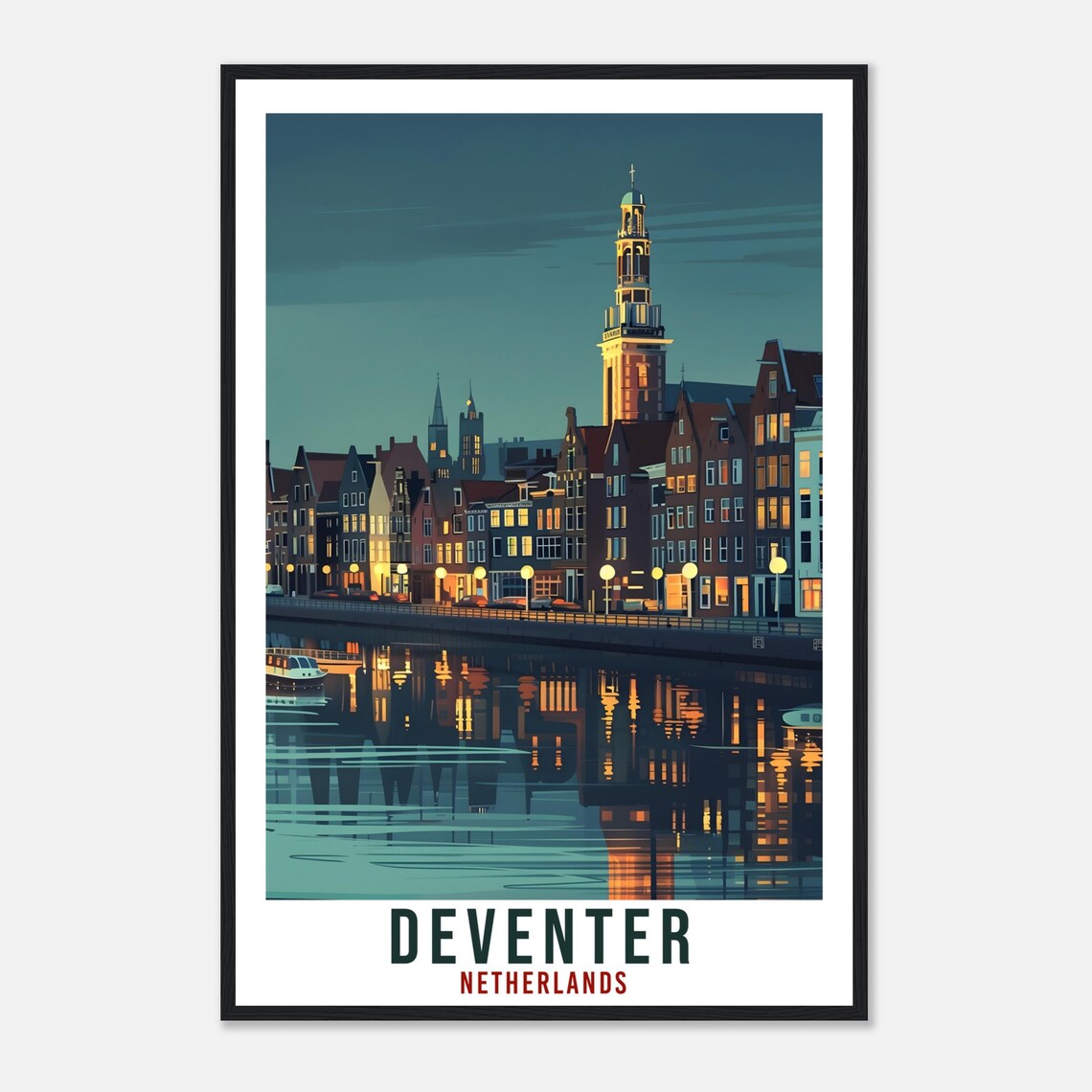Deventer Netherlands Night River Vintage Travel Poster Church Tower - Image 4