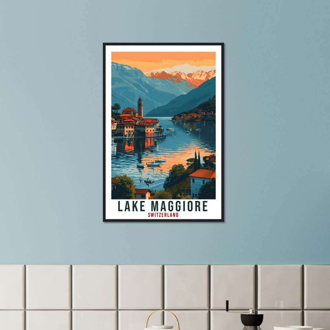 Lake Maggiore Switzerland Sunset Lakeside Village Sailboats Poster - Image 2