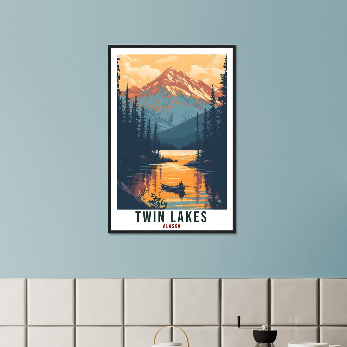 Twin Lakes Alaska Travel Poster Canoe Sunset Mountain Lake Scene - Image 2