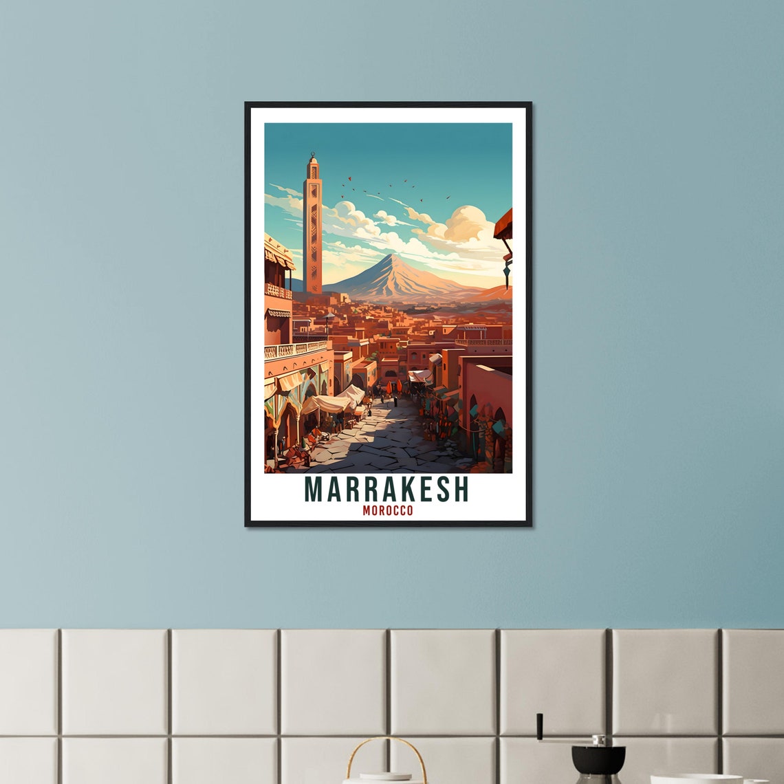 Marrakesh Morocco Sunset Medina Minaret Mountain Travel Poster - Image 2