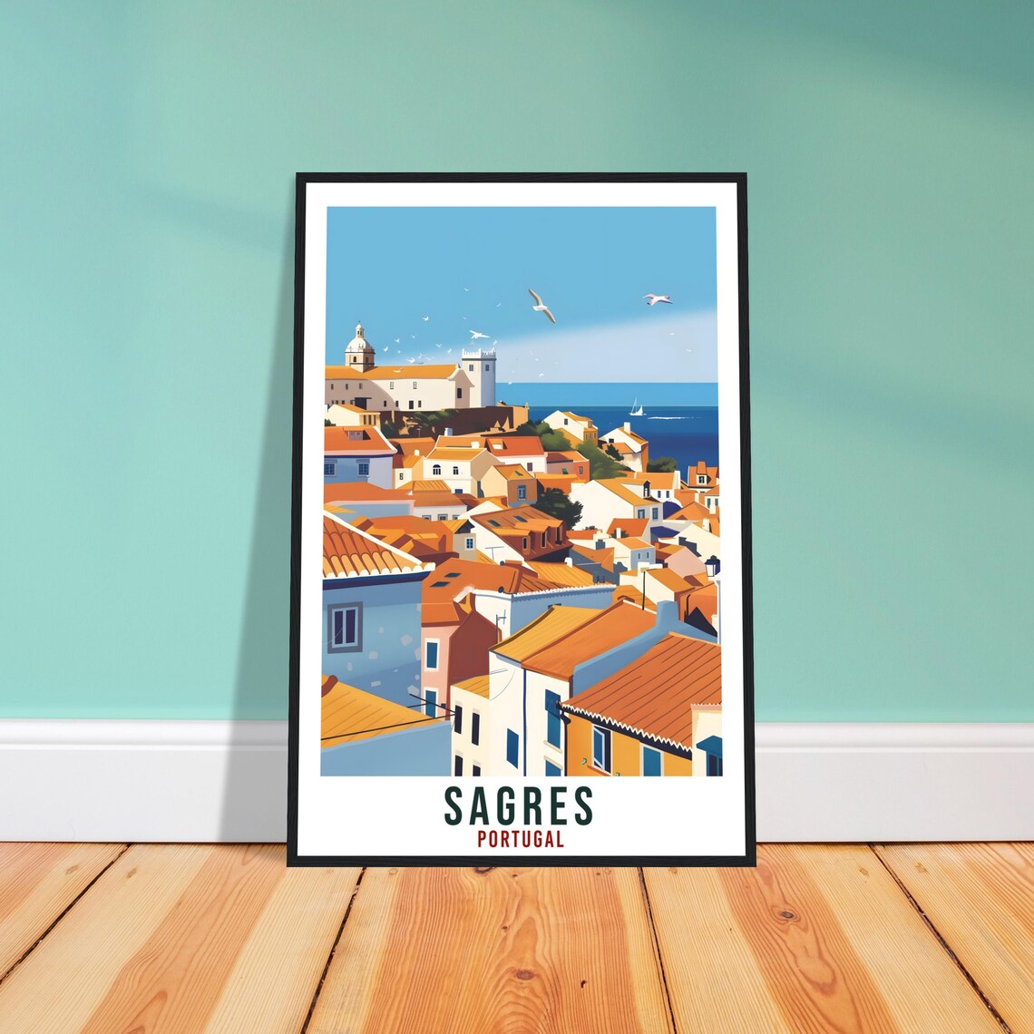 Sagres Portugal Coastal Town Fortress Church Sailboat Travel Poster