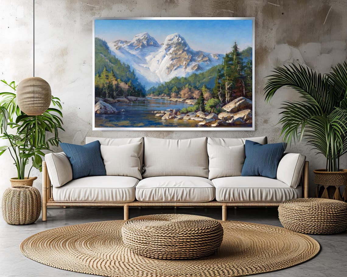 Snow Capped Mountain Lake Landscape Painting Scenic Decor Poster - Image 3