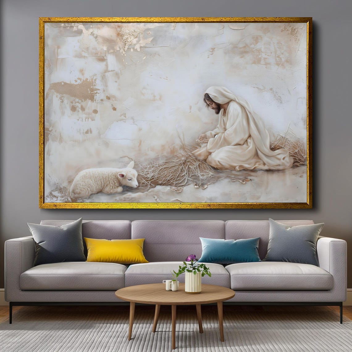 Peaceful Jesus Kneeling With A Lamb On A Soft Misty Shore Poster - Image 4