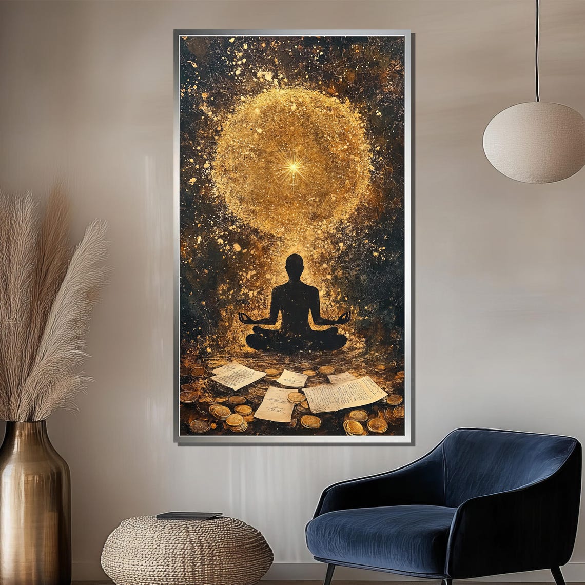 Golden Meditating Silhouette Radiant Sun Abstract Zen Poster - Image 2