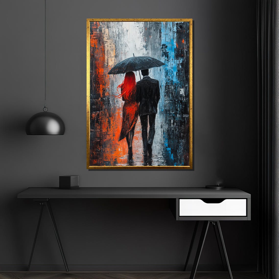 Couple Under Black Umbrella Rainy City Street Orange Blue Poster - Image 4