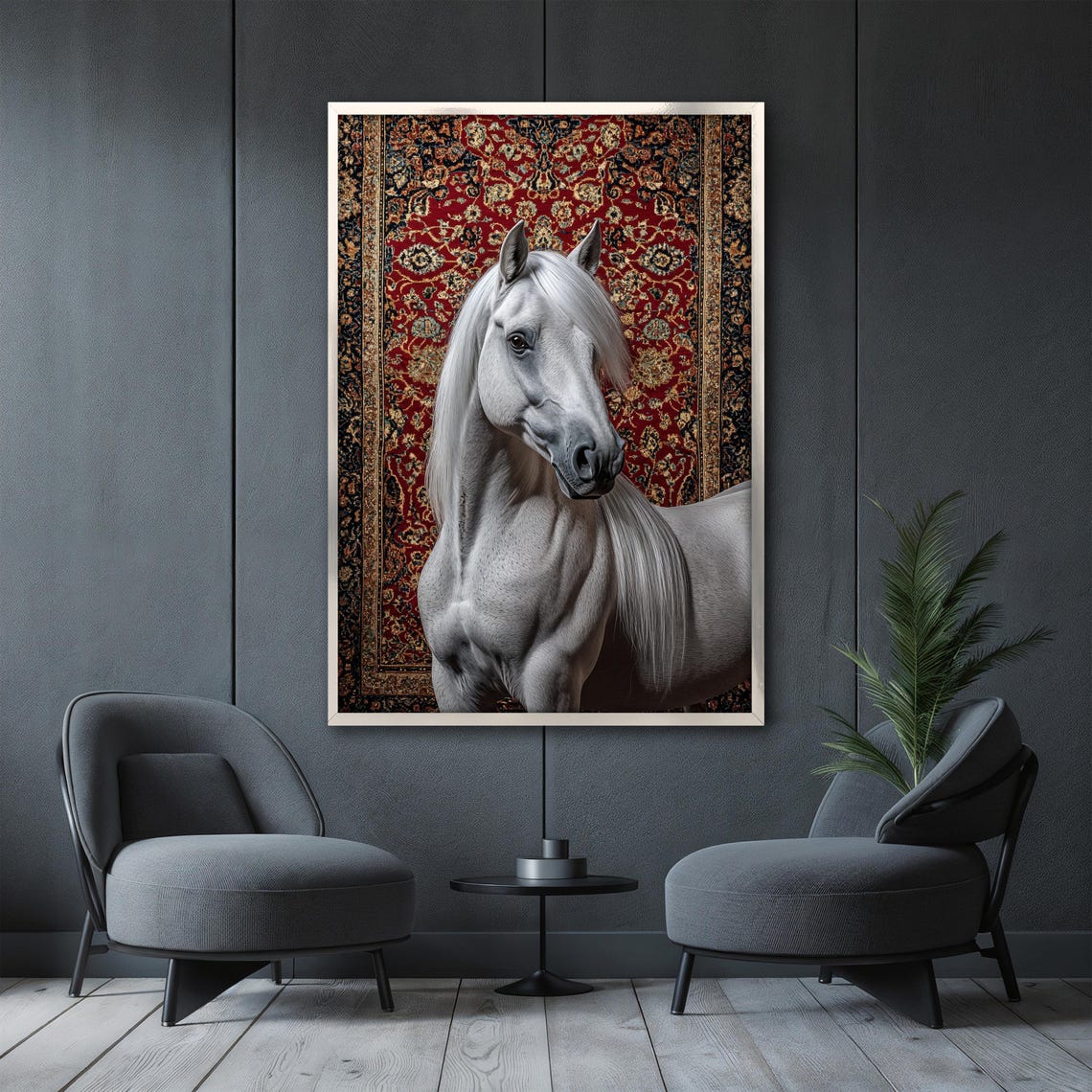 White Horse Portrait Standing Proudly Before a Red Persian Rug Poster - Image 3