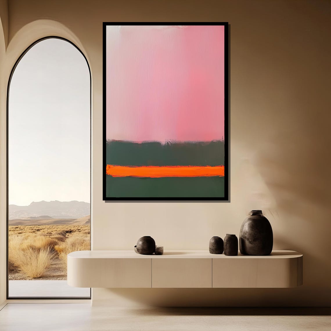 Pink Orange and Deep Olive Color Block Abstract Modern Art Poster - Image 3