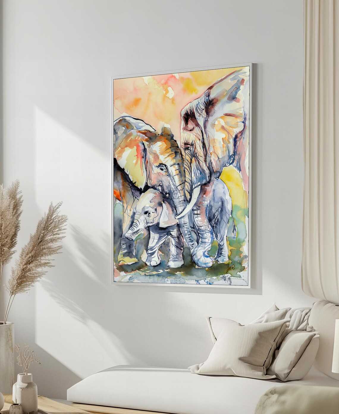 Elephant Mother and Calf Watercolor Family Embrace Poster For Nursery Decor