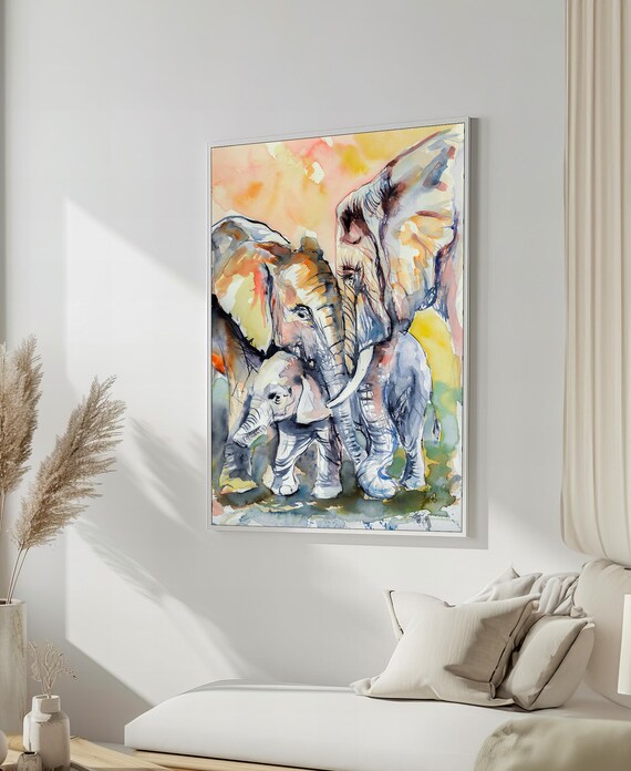 Elephant Mother and Calf Watercolor Family Embrace Poster For Nursery Decor