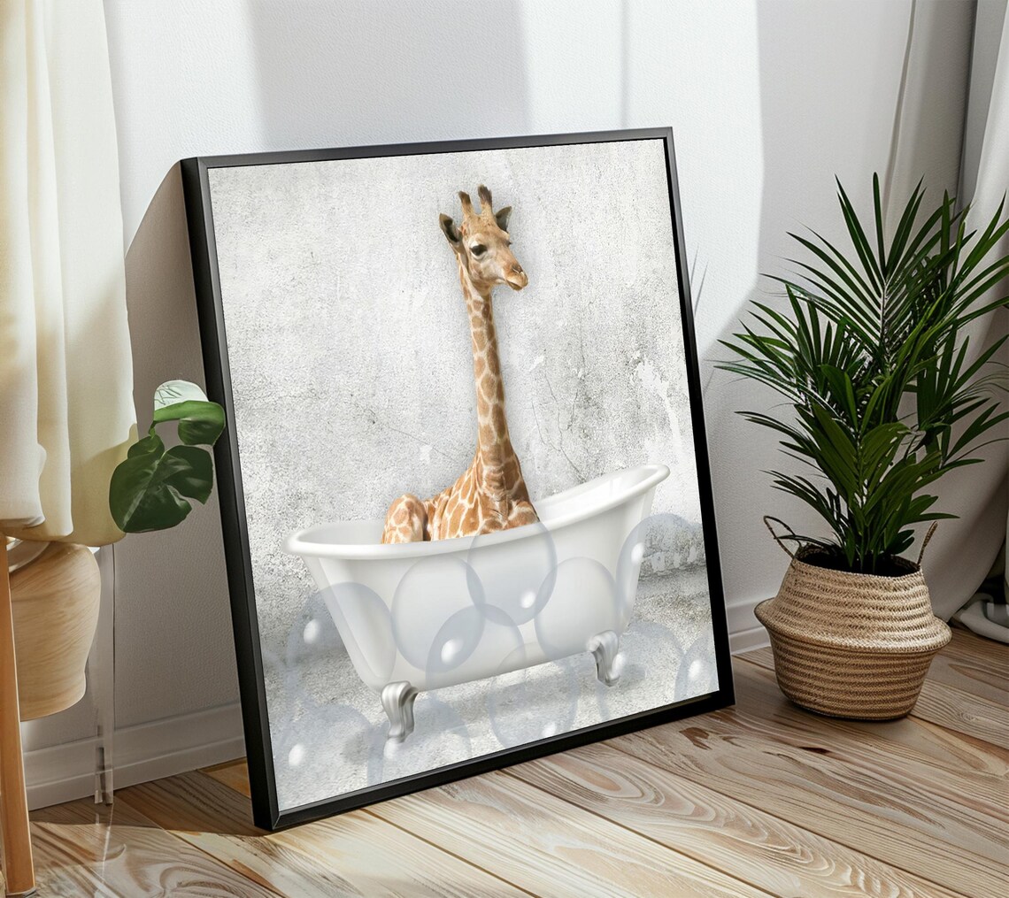 Baby Giraffe In Bathtub Funny Nursery Animal Bath Art Poster