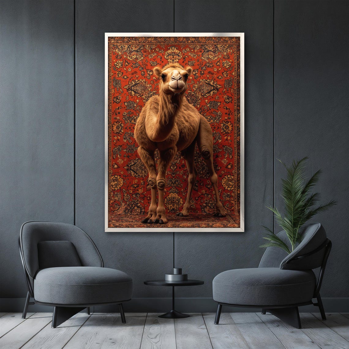 Camel Facing Forward with a Smile on a Deep Red Persian Rug Poster - Image 3