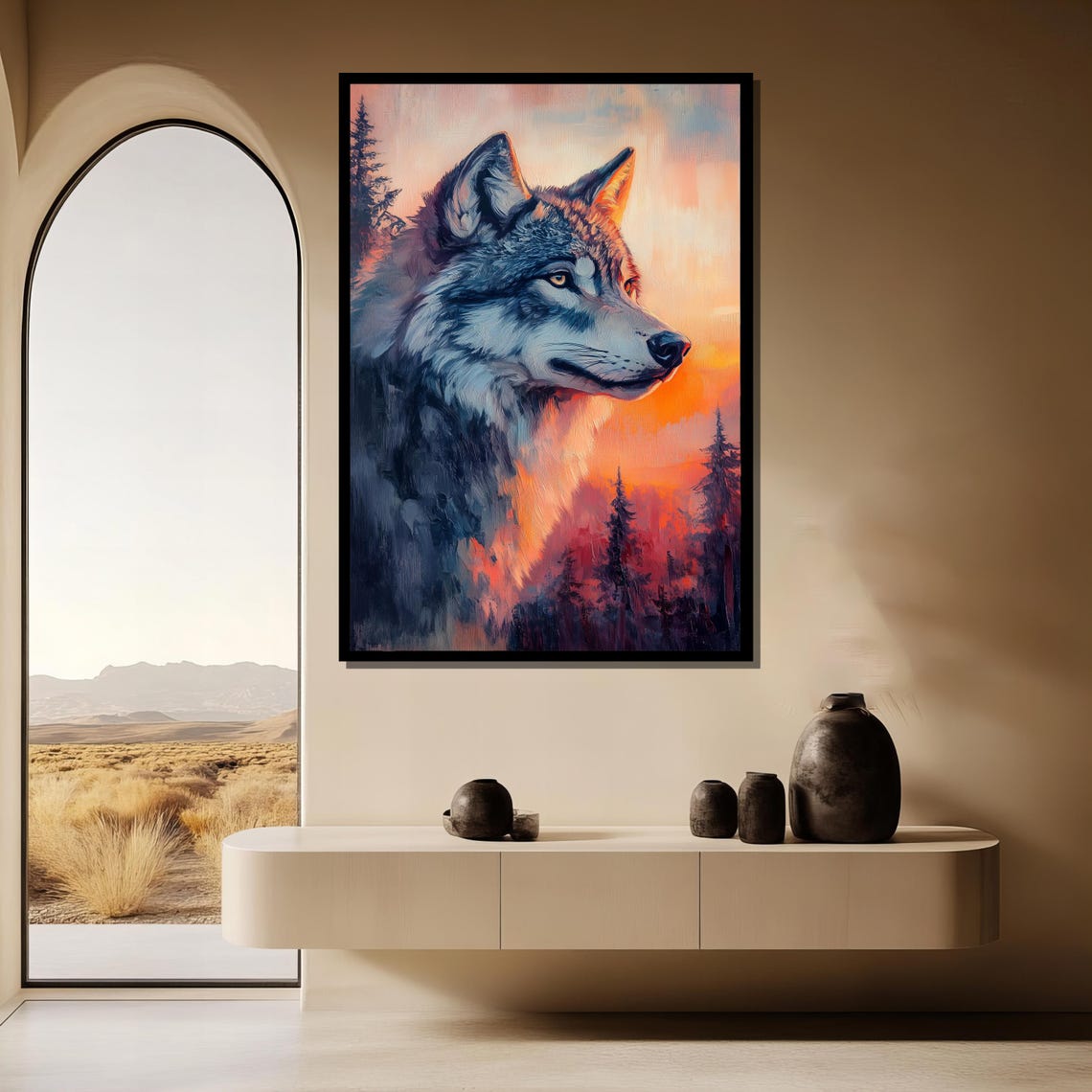 Majestic Wolf Profile At Sunset Painterly Wildlife Scene Poster - Image 3