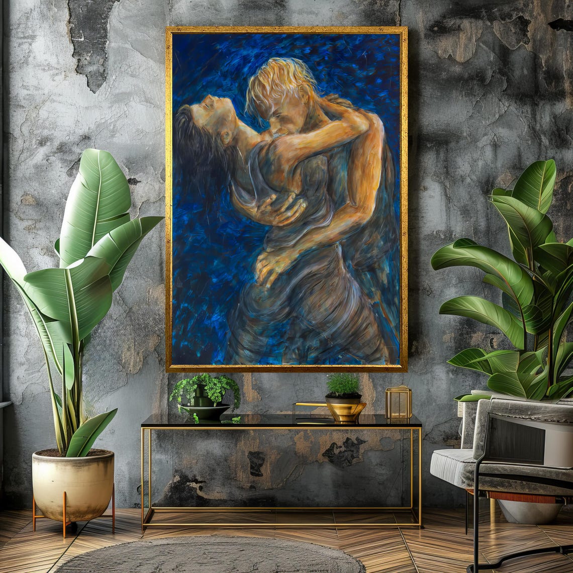 Passionate Blue Embrace Expressive Romantic Couple Art Poster - Image 4