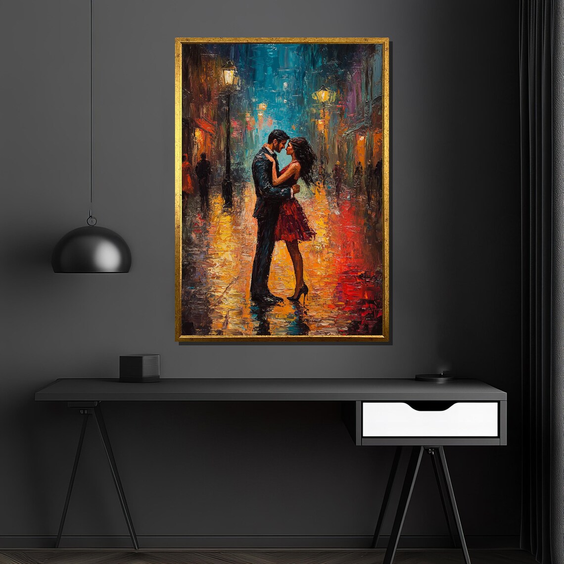 Couple Embracing on Rainy City Street at Night Colorful Art Poster - Image 4