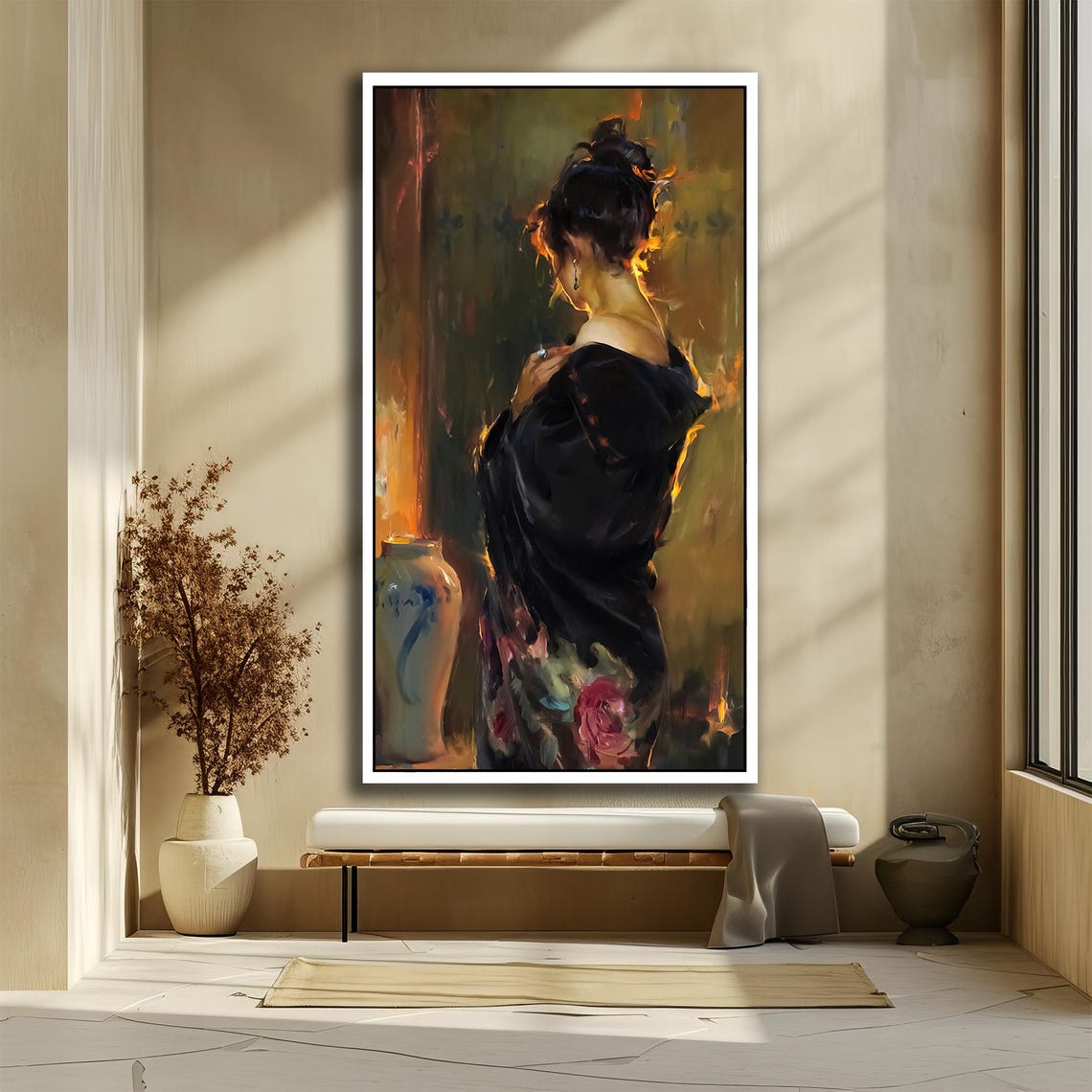 Elegant Woman In A Dark Robe Bathed In Gentle Golden Light Poster - Image 2