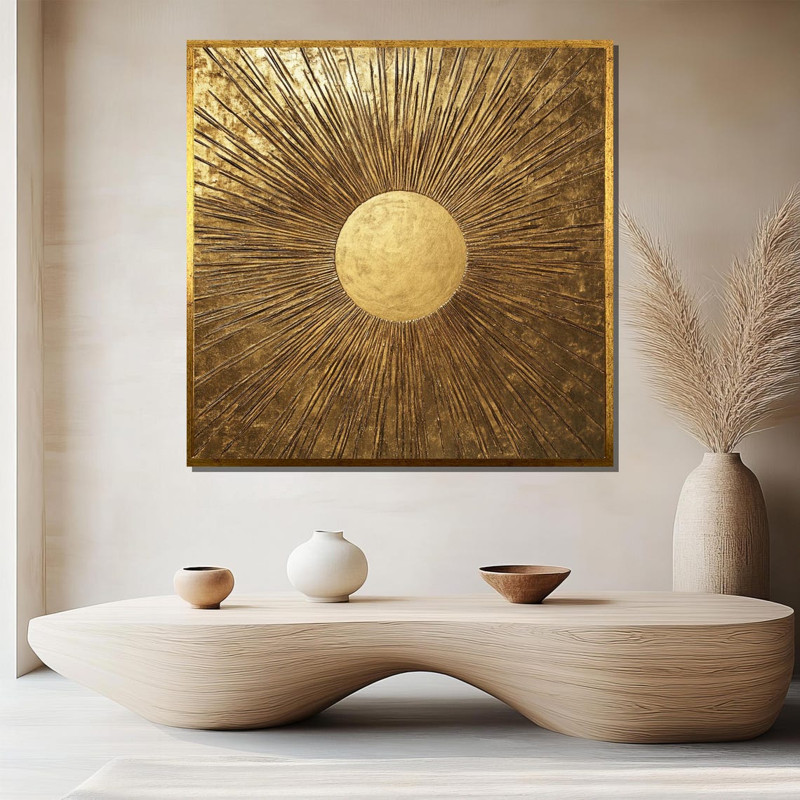 Golden Sunburst with Radiant Textured Rays on Rich Bronze Poster